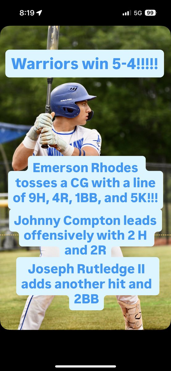 ILHS_baseball's tweet photo. Your Warriors Win 5-4 on a Walkoff!!!  

That Win puts IL in the Chanpionship game of the @ForestAcresClas at 1:00 vs TC Roberson. 

@PrepBaseball_SC @diamondprospect @FortPrep @AndrewChodes_ @BCAofSC @SCHSL @ILHS_Sports @HalBagwell https://t.co/08FjMafz9E