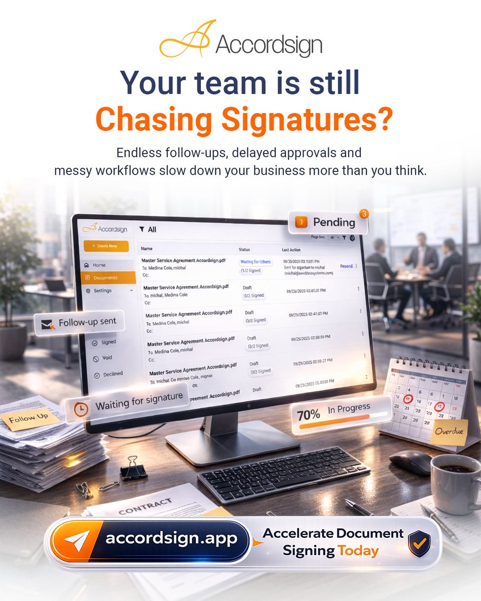 SeedDataSystems's tweet image. Still chasing signatures?
Stop the delays.
 Start using Accordsign.
Get started 👉 accordsign.app
#Accordsign #eSignature #SaaS