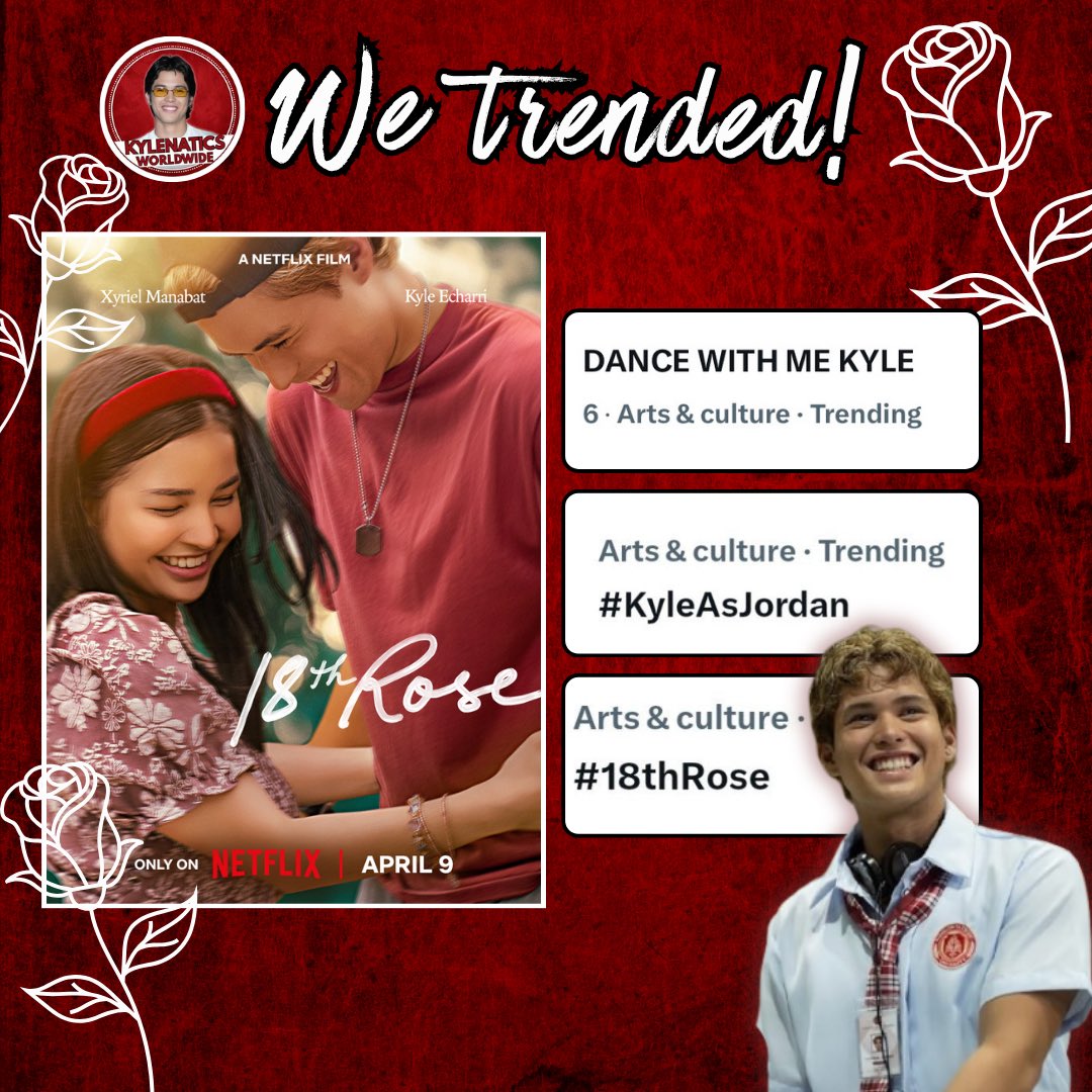 KYLEnaticsWW's tweet photo. We felt the love! β€οΈ Thanks to everyone who joined the Twitter party for 18th Roseβyour tweets, gifs, and cheers made the night unforgettable! Make sure to watch and stream it legally on Netflix!
DANCE WITH ME KYLE
#18thRose
#KyleAsJordan https://t.co/nWznedjRRQ