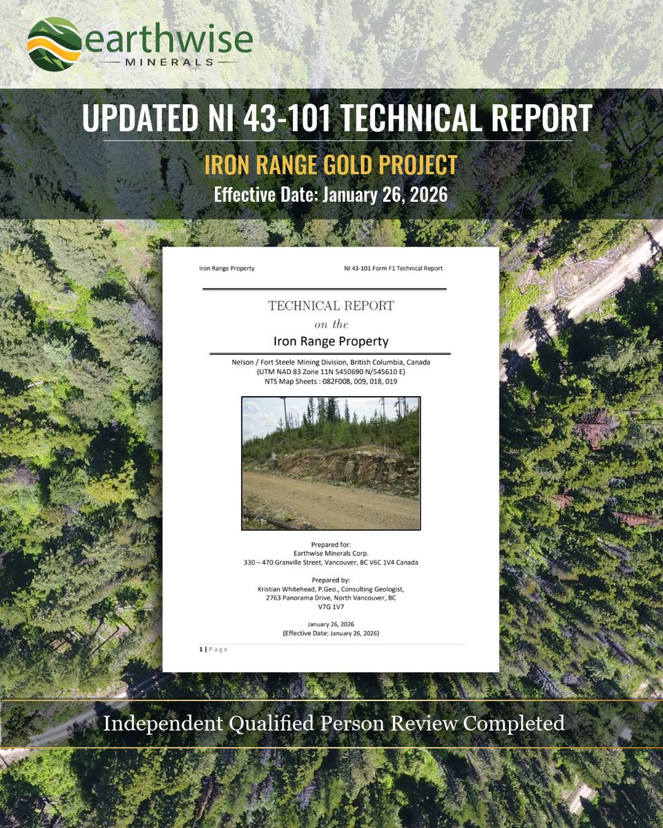 Updated NI 43-101 Technical Report filed for Iron Range (Jan 26, 2026).

Independent review confirms geological model &amp; validates historical data—critical ahead of 2026 drilling at Talon Zone.

Read more: earthwiseminerals.com/technical-repo…

#Gold #Mining #Exploration $WISE $EWISF