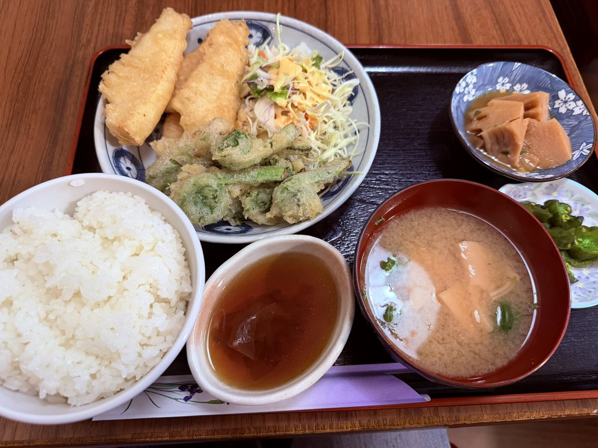 plus91369376's tweet photo. こごみとタケノコの天ぷらてんぷら定食🍚
これで税込600円って値段バグってるよなぁ🤭 https://t.co/JNBXn2XB86