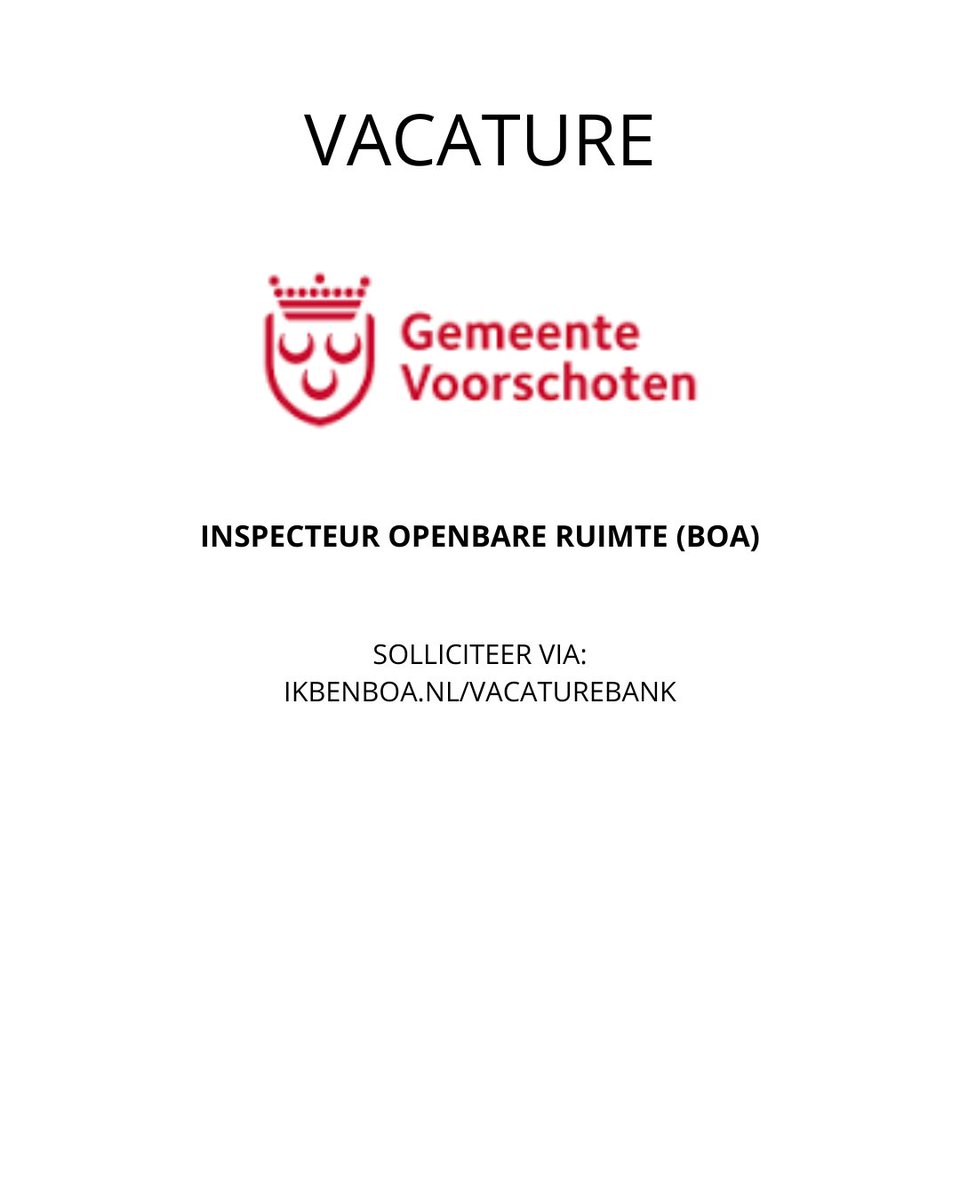 BoaAcp's tweet image. VACATURE:
Gemeente Voorschoten is op zoek naar:
INSPECTEUR OPENBARE RUIMTE(BOA)

Nieuwsgierig of direct solliciteren?  
Kijk op onze BOA Vacaturebank:
ikbenboa.nl/vacature/gemee…

#boa #handhaving #voorschoten #vacature