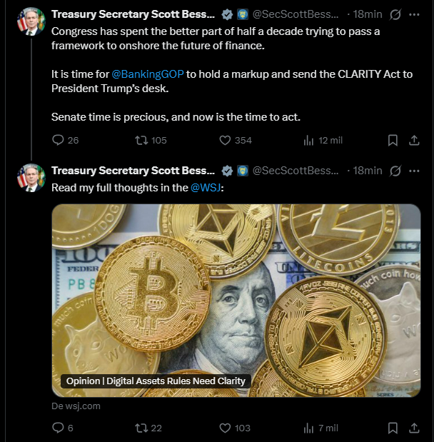 techconcatalina's tweet image. 🔥BOMBAZO🔥

💥El secretario del Tesoro estadounidense, Bessent, insta al Congreso a aprobar la legislación sobre la estructura del mercado #cripto antes de que sea demasiado tarde.

"El tiempo es limitado, y ahora es el momento de actuar".

🗣Por otro lado, afirma que las