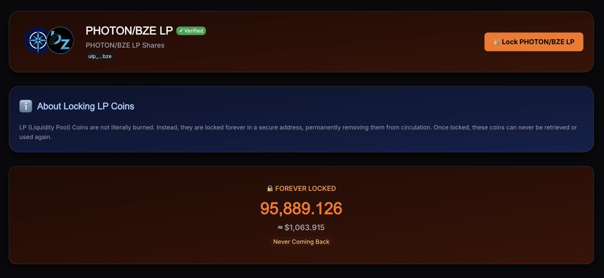 StefanViB's tweet photo. BZE Community validator on $ATONE will NEVER increase the commission! 

Unless the entire network takes the decision to enforce higher commission, we consider 5% enough to run our validator. 

All commission income was added as liquidity to $PHOTON / $BZE on BZE DEX https://t.co/y3s0yBojOP

And the entire liquidity was locked forever, never coming back 🔥. You can view it here https://t.co/lRFbLq069H

@BZEdgeCoin @_atomone