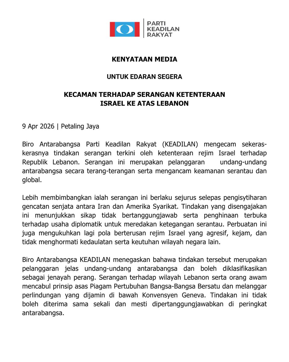 biro_pkr's tweet photo. KENYATAAN MEDIA
UNTUK EDARAN SEGERA

KECAMAN TERHADAP SERANGAN KETENTERAAN
ISRAEL KE ATAS LEBANON

9 Apr 2026 | Petaling Jaya https://t.co/yjRyWEr9Fs