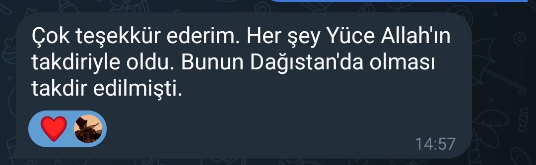Dağıstanlı küçük bir çocuğa Türkçe öğretiyorum. Selde evleri yıkılmış, botla kurtarılmışlar. “Geçmiş olsun” yazdım… Şu güzel cevaba bakın, Ne güzel bir teslimiyet.