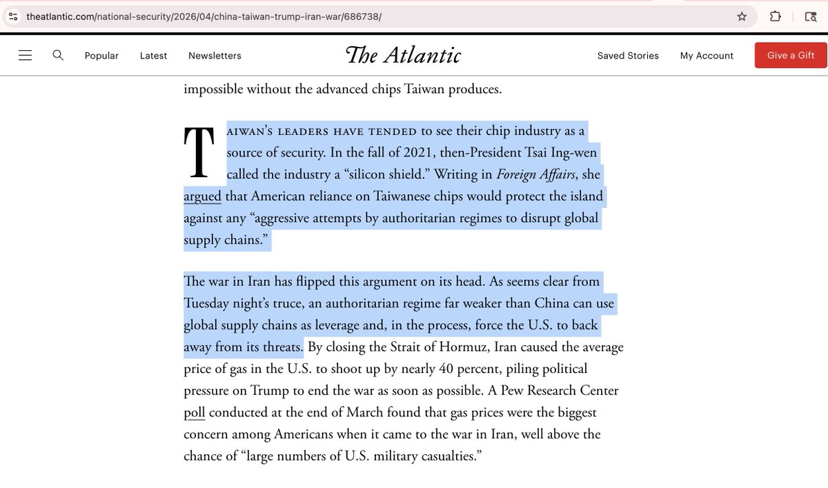 Beijing has paid close attention to Trump's pain threshold in Iran. For the Chinese leadership, yesterday's ceasefire shows how a global supply-chain crisis (like, say, a blockade of Taiwan, or the Strait of Hormuz) can make the Americans back down 

Gift link below <a href="/TheAtlantic/">The Atlantic</a>