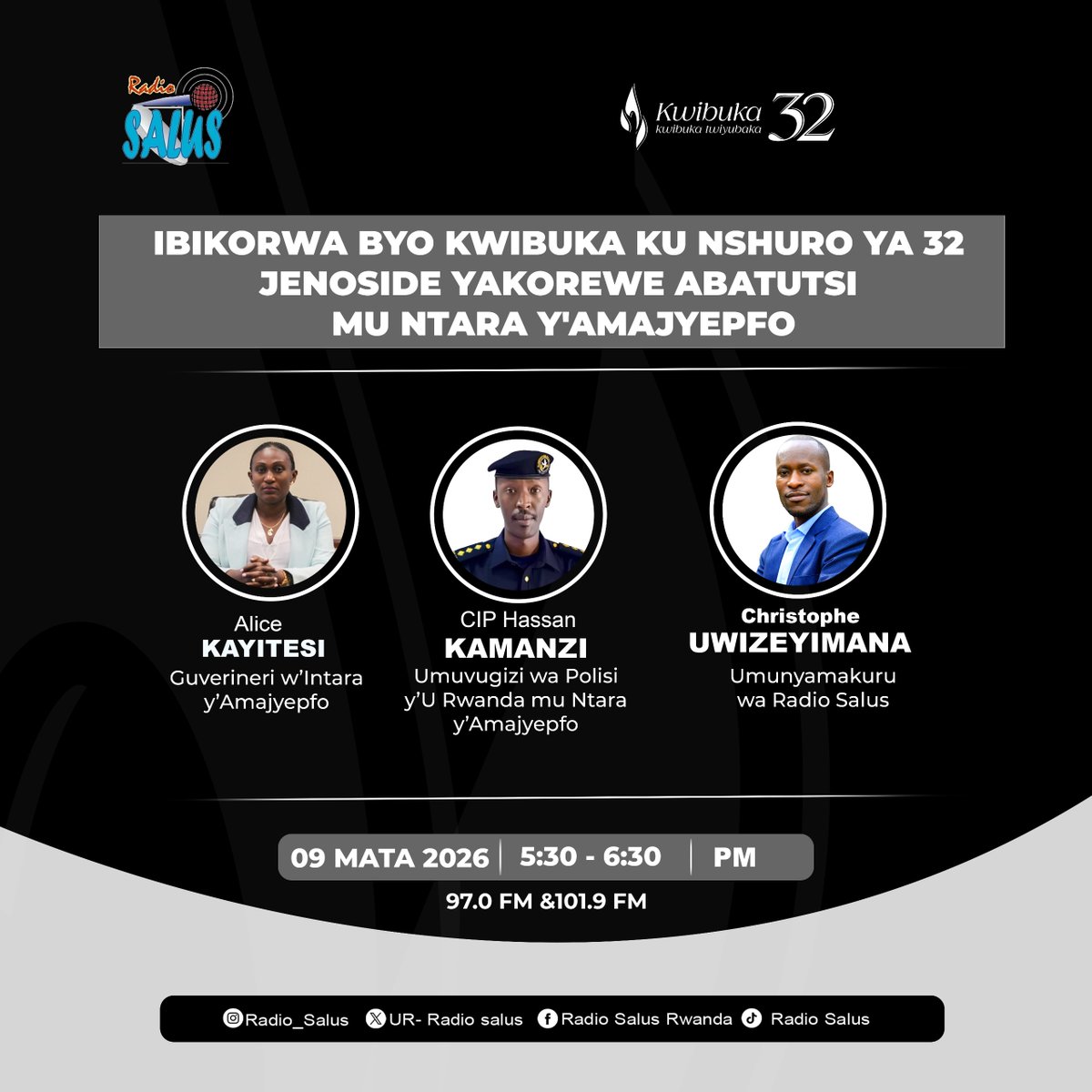 RADIOSALUS1's tweet photo. Tubararikiye gukurikira ikiganiro ku bikorwa byo kwibuka ku nshuro ya 32 Jenoside yakorewe Abatutsi, muri @RwandaSouth.
Ni kuri uyu wa Kane kuva 17:30- 18:30.
@Ibuka_Rwanda 
@Unity_MemoryRw 
#Kwibuka32 https://t.co/C4i1hNtKAx