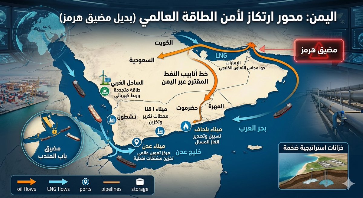 TawfikAlhamidi's tweet photo. استعادة الاستقرار وبناء دولة قوية في #اليمن: فرصة استراتيجية لأمن الطاقة العالمي

يُعد استعادة الاستقرار الداخلي وبناء دولة يمنية قوية ومؤسساتية المدخل الأساسي لتحويل اليمن إلى محور ارتكاز جيوسياسي لا غنى عنه في أمن الطاقة العالمي، خاصة كبديل حيوي عن مضيق هرمز.

يتمتع اليمن بفرص استراتيجية لاستثمار اللحظة الراهنة ، وتحويل الحلم الي حقيقة .

•موقع جيوسياسي فريد: يطل اليمن على مضيق باب المندب، مما يجعله الممر البديل الوحيد لنقل نفط الخليج إلى أوروبا وأمريكا عبر قناة السويس في حال تعطل أو إغلاق هرمز.

•بديل آمن لأنابيب #هرمز: إمكانية إنشاء خطوط أنابيب نفطية من حقول السعودية والإمارات عبر محافظتي المهرة وحضرموت إلى بحر العرب، لتحويل بحر العرب إلى منصة تصدير رئيسية وإبطال أي تهديد بإغلاق مضيق هرمز.

•تطوير موانئ مياه عميقة:
◦تحويل مين��ء عدن إلى مركز عالمي لتموين السفن وتخزين المشتقات النفطية.
◦تطوير ميناء بلحاف كمركز إقليمي للغاز الطبيعي المسال (LNG).
◦استغلال موانئ قنا ونشطون لإنشاء محطات تكرير وتخزين تخدم الأسواق الآسيوية والأفريقية.

•الطاقة المتجددة والربط الكهربائي: استغلال الإمكانات الهائلة في طاقة الرياح والشمس، خاصة على الساحل الغربي، ليصبح اليمن مصدراً للطاقة النظيفة المصدرة إلى الدول المجاورة.

•خزانات النفط الاستراتيجية: استخدام التضاريس والمساحات الساحلية لبناء خزانات نفط ضخمة تعمل كاحتياطي استراتيجي عالمي في حالات الطوارئ.

يواجه اليمن العديد من التحديات الرئيسية:
•عدم الاستقرار السياسي والأمني: استمرار الصراعات الداخلية يعيق أي مشاريع كبرى ويقلل من ثقة المستثمرين الدوليين.

•الضعف المؤسسي وغياب الحوكمة: ضعف الدولة وانتشار الفساد يصعب تنفيذ المشاريع الاستراتيجية ويؤدي إلى سوء إدارة الموارد.

•التهديدات الأمنية الخارجية: خطر الهجمات على الموانئ والأنابيب من جماعات مسلحة أو قوى إقليمية معادية.

•نقص البنية التحتية الحالية: تدهور الموانئ والطرق والخدمات الأساسية يتطلب استثمارات ضخمة ووقتاً طويلاً للتطوير.

•الاعتماد على الدعم الدولي: يحتاج تنفيذ هذه الرؤية إلى تمويل وتكنولوجيا وأمن خارجي، مما قد يؤثر على السيادة الوطنية إذا لم تُدار بحكمة.

•المنافسة الإقليمية: وجود مشاريع مشابهة في دول أخرى (مثل سلطنة عمان أو جيبوتي) قد يقلل من الأولوية الاستراتيجية لليمن.
 عند استعادة الاستقرار وبناء دولة يمنية قوية، يتحول اليمن من نقطة توتر إلى صمام أمان عالمي للطاقة، ويفتح آفاقاً اقتصادية هائلة للشعب اليمني. أما استمرار الصراع فيبقيه عرضة للاستغلال والتهميش.