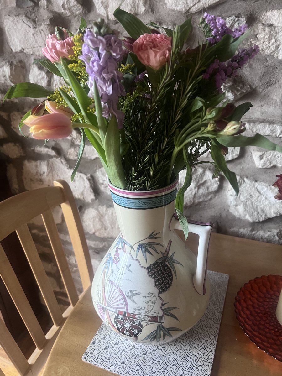 swiftstory's tweet image. Lovely flowers today from ⁦@HQstories⁩ for publication day of The Enemy’s Wife. Something to fill this lovely arts and crafts vase made by Doulton, and a fave junk shop find. #publicationday #authorlife #TheEnemysWife