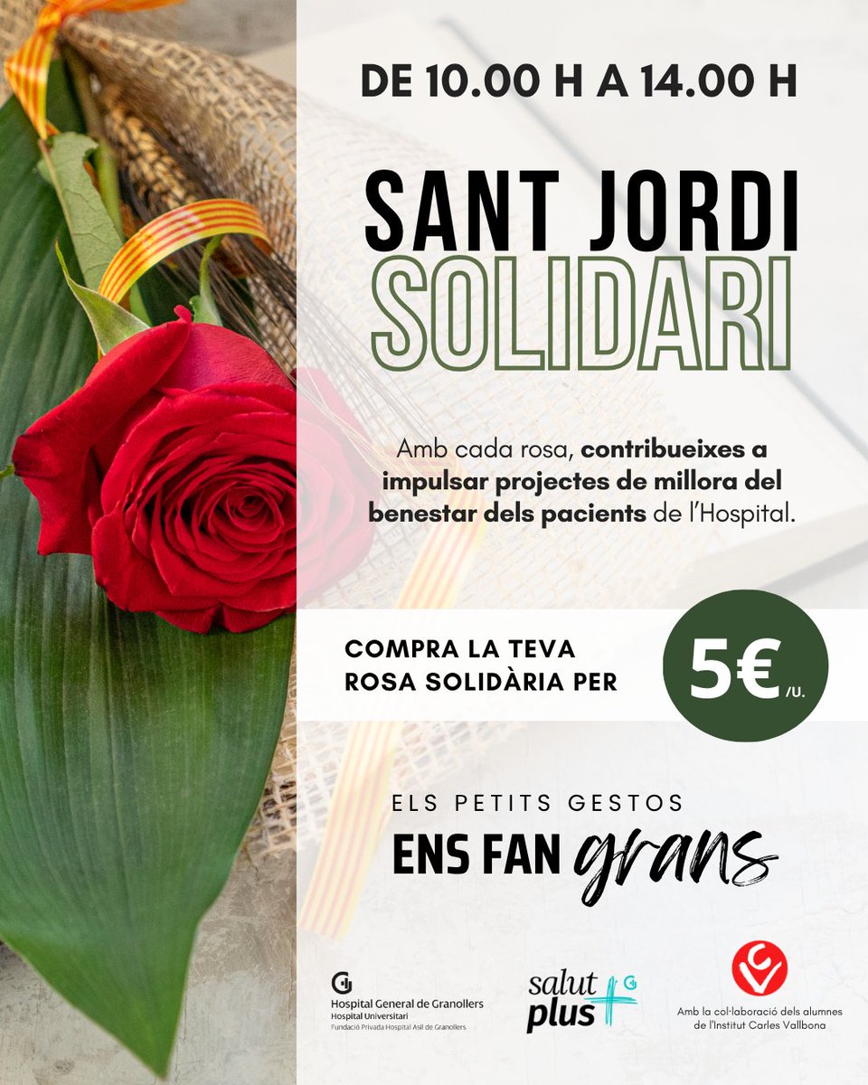 hggranollers's tweet image. 🌹🐲El 23 d'abril, vine a l'#Hospital a comprar la teva rosa solidària a les entrades de Consultes Externes i Hospitalització, de 10 a 14 hores o abans en cas d'exhaurir existències.

Amb la col·laboració dels i les alumnes de l'Institut Carles Vallbona.

#SantJordi #Solidari