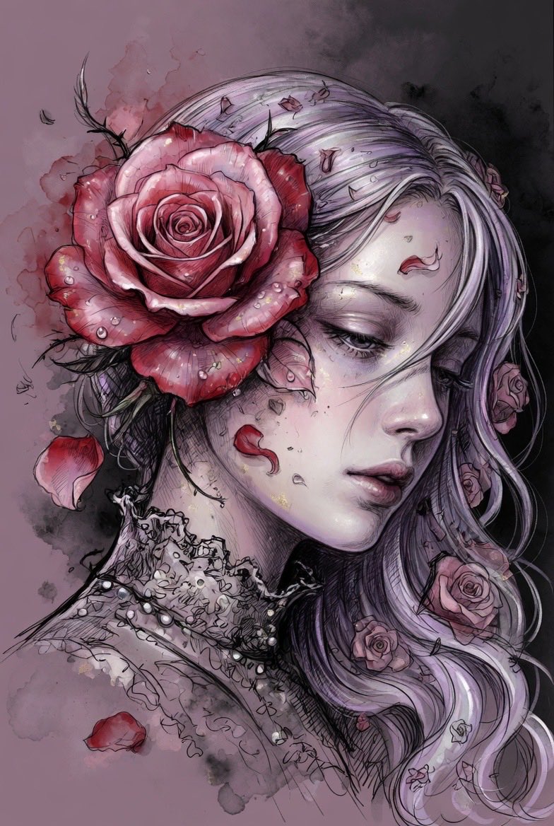 art_muse's tweet image. Grok Imagine Prompt Share: A breathtaking ethereal woman in three-quarter profile, head gently tilted downward with a melancholic, serene expression, eyes softly closed, pale porcelain skin with subtle golden glitter and sparkles, delicate freckles. Long, flowing, wavy