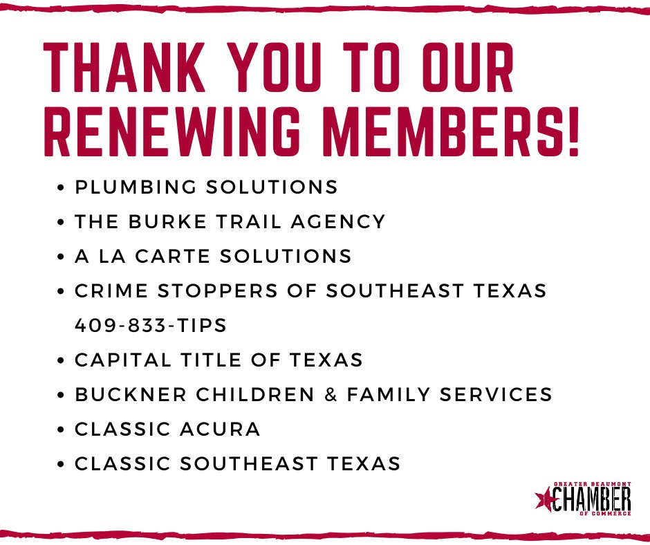 BMTChamber's tweet image. We would like to extend a heartfelt thank you to our renewing members! Your continued support and commitment play a crucial role in driving our mission forward. Thank you for being an essential part of the Greater Beaumont Chamber of Commerce! #MemberAppreciation #GBCOC #ThankYou