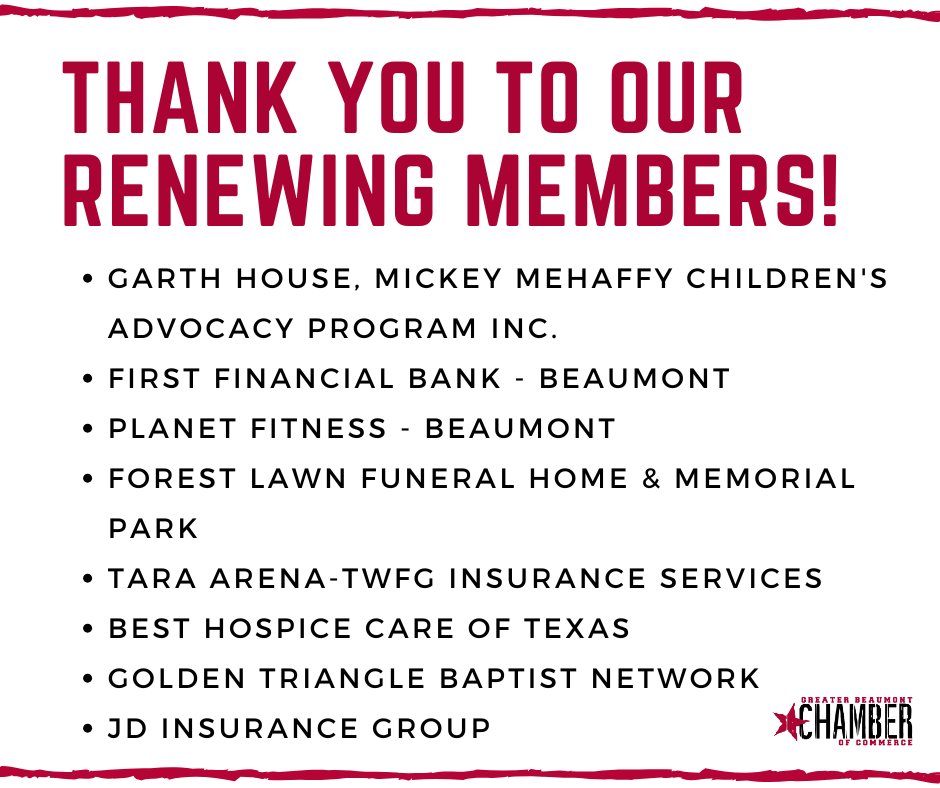 BMTChamber's tweet image. We would like to extend a heartfelt thank you to our renewing members! Your continued support and commitment play a crucial role in driving our mission forward. Thank you for being an essential part of the Greater Beaumont Chamber of Commerce! #MemberAppreciation #GBCOC #ThankYou