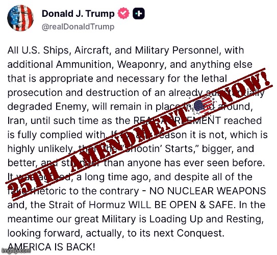 MediaBusters6's tweet image. Another screed
Another cry for help
Trump is insane &amp;amp; detached from reality
He must be removed from office
open.substack.com/pub/politicusu…
Over 100 Democrats call to invoke #25thAmendmentNow
Today Dems will try to pass War Powers Act
#GOPEunuchs will block it
bsky.app/profile/macfar…