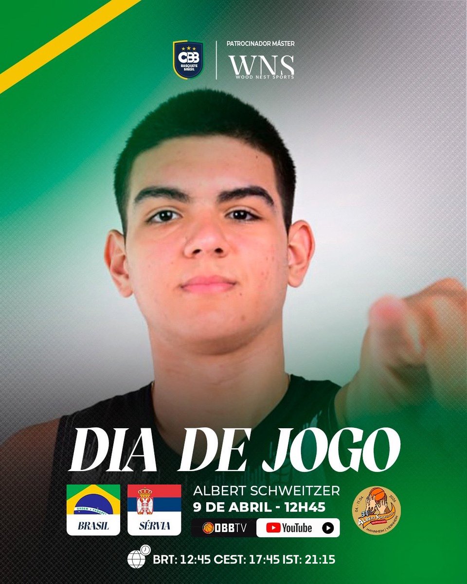 𝑩𝑹𝑨𝑺𝑰𝑳 𝑱𝑶𝑮𝑨! 🇧🇷 Invicta, a Seleção Brasileira masculina Sub-18 encara a Sérvia no duelo que vale a liderança do Grupo B do Torneio Albert Schweitzer! 🔥🏀

🆚 Sérvia 🇷🇸 
📆 09/04 - 12h45 (Brasília) 
🕢 BRT: 12:45 CEST: 17:45 IST: 21:15
🏆 Albert Schweitzer - 5ª rodada