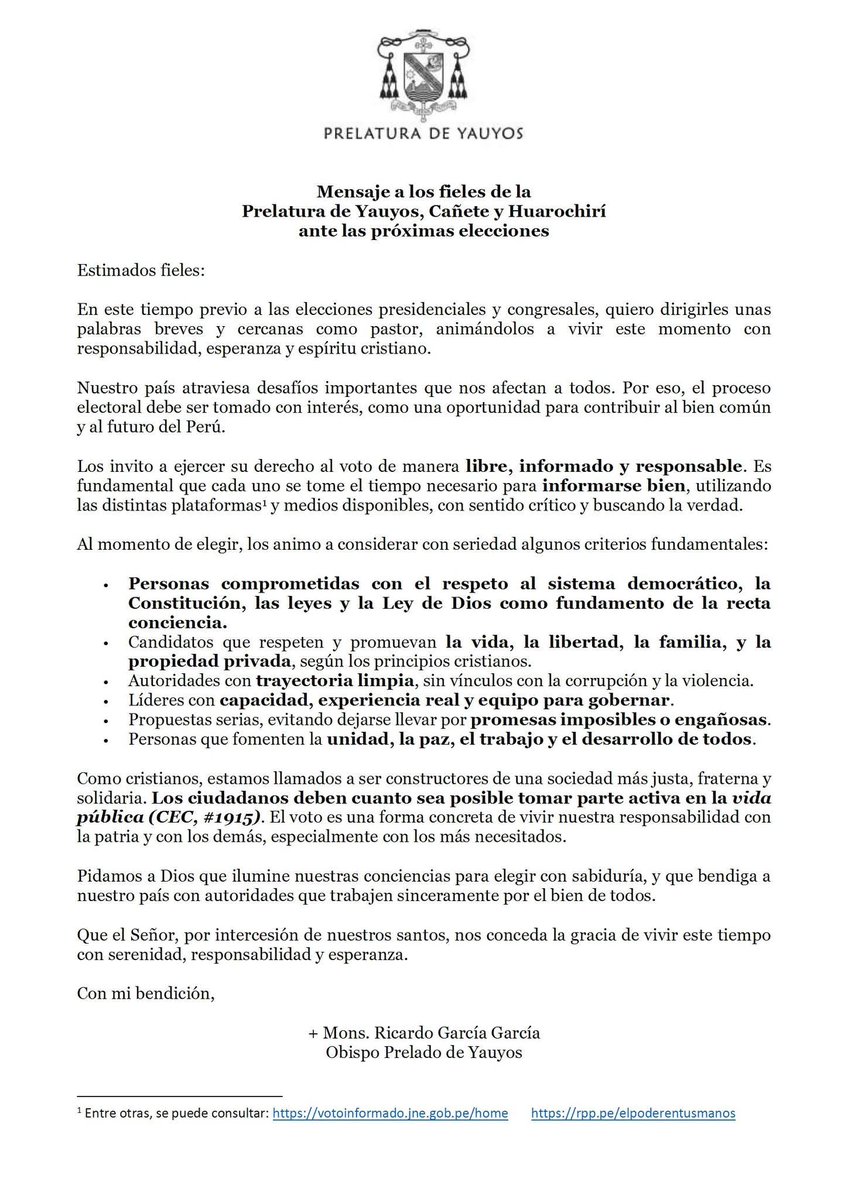 El Opus Dei se mete a la campaña y saca un comunicado con el "perfil" del candidato católico ("provida y profamilia")
La prelatura de Yauyos (Cañete) está regentada por el Opus Dei desde 1957, su obispo Ricardo García, es ingeniero por la U. de Piura como López Aliaga