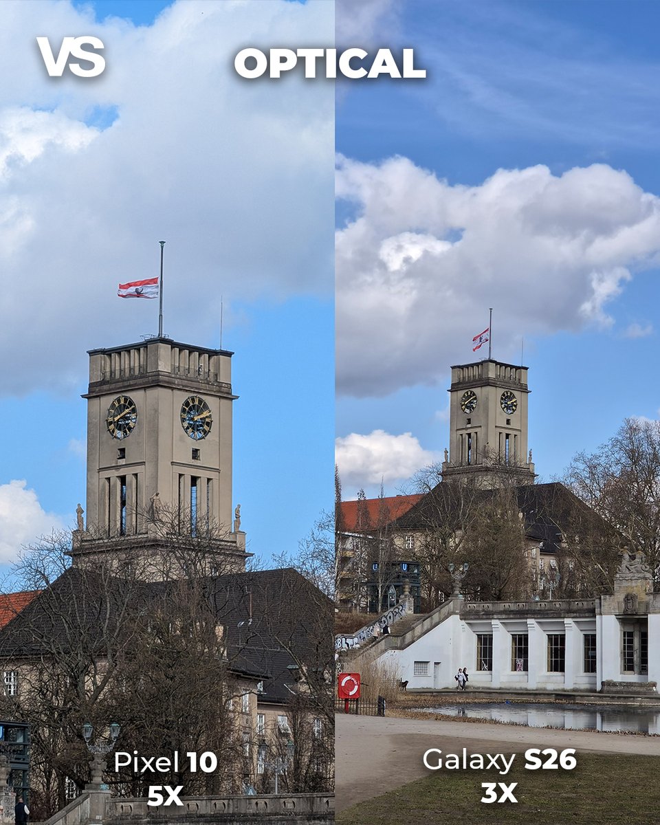versus_com's tweet image. Zoom Face-Off! Galaxy S26 vs Pixel 10📷
From Optical to Max Zoom...who rules long-distance
photography? 🔥

#zoomtest #galaxys26 #pixel10 #camera
