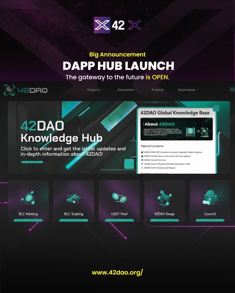 The gateway to the future is OPEN.
Introducing the new 42DAO DApp Hub.
Everything you need. One powerful interface.
42dao.org/dapp-hub
#42DAO #Web3 #DeFiHub