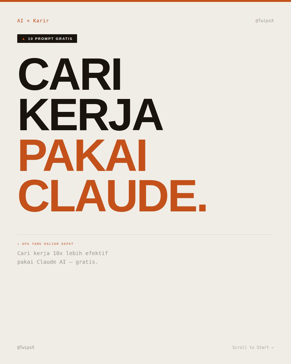 90% orang Indonesia gagal cari kerja bukan karena nggak kompeten.

Tapi karena mereka nggak tahu cara "jualan diri" yang benar. Claude bisa bantu kalian cari kerja 10x lebih efektif.

Ini 10 prompt gratis yang bisa kalian pakai

Jangan lupa di-save🧵