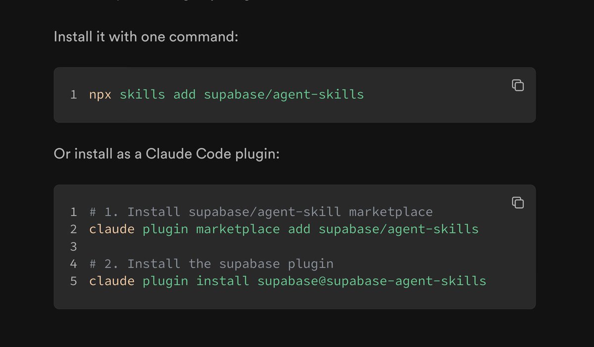 Supabase Agent Skills installation: npx skills add supabase/agent-skills or claude plugin marketplace add supabase/agent-skills