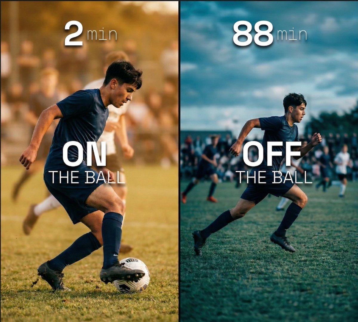 Rhettbernstein's tweet photo. Your kid has ball skills. That's not the problem. 

Almost the entire game is spent making runs, creating space, closing down passing lanes, and communicating. 

This is why I analyze full games, not highlight reels. 
The full 90 tells the story. https://t.co/W7fjmQtDp5