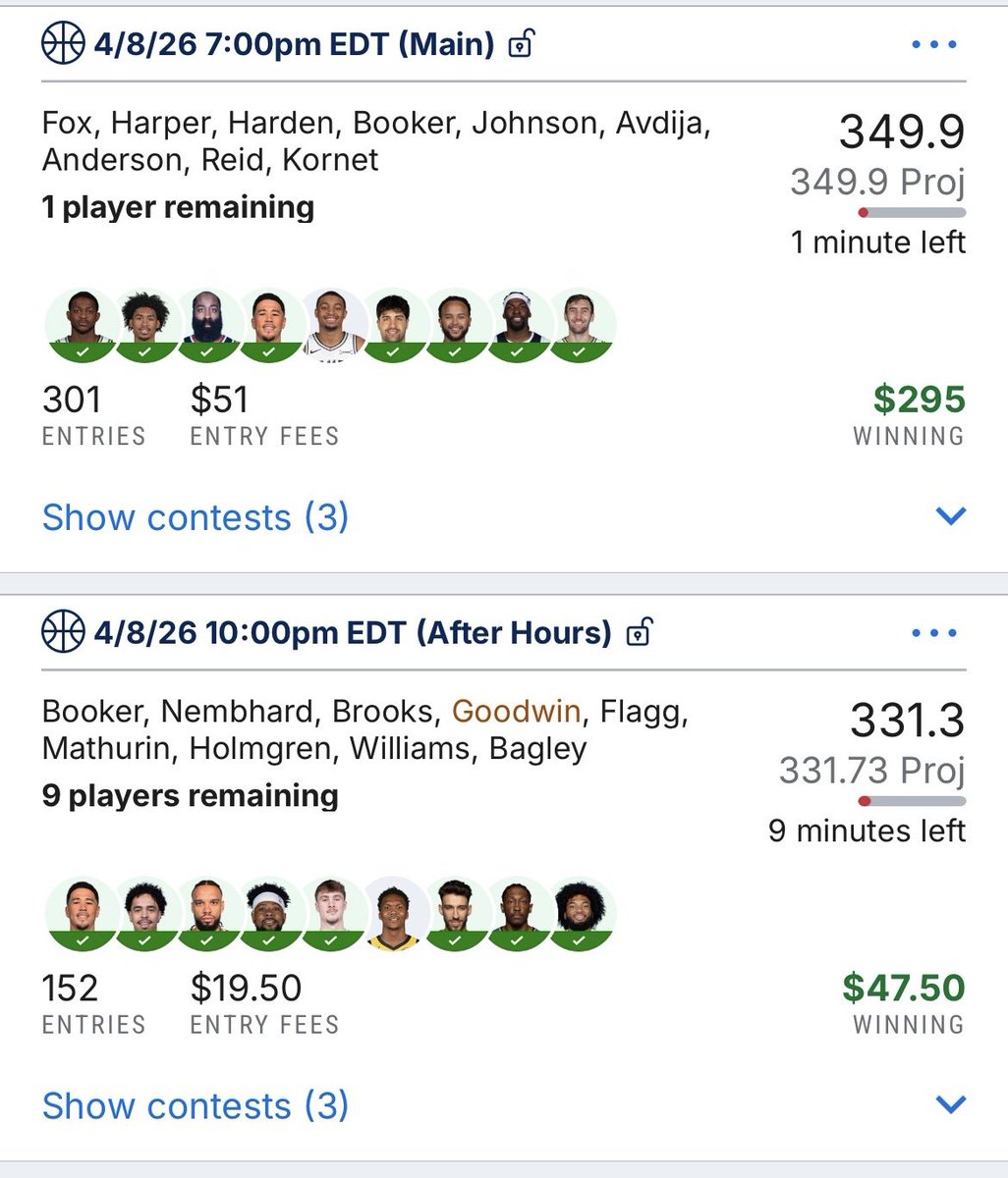 winsanitydfs's tweet photo. Not one, not two, but THREE near takedowns for NBA last night! NBA has been straight fire these past few months. MLB is starting to get hot as well. Join the Degens Discord for FREE today! DM me or @AJG_DFS for access! https://t.co/kMF21h75WF