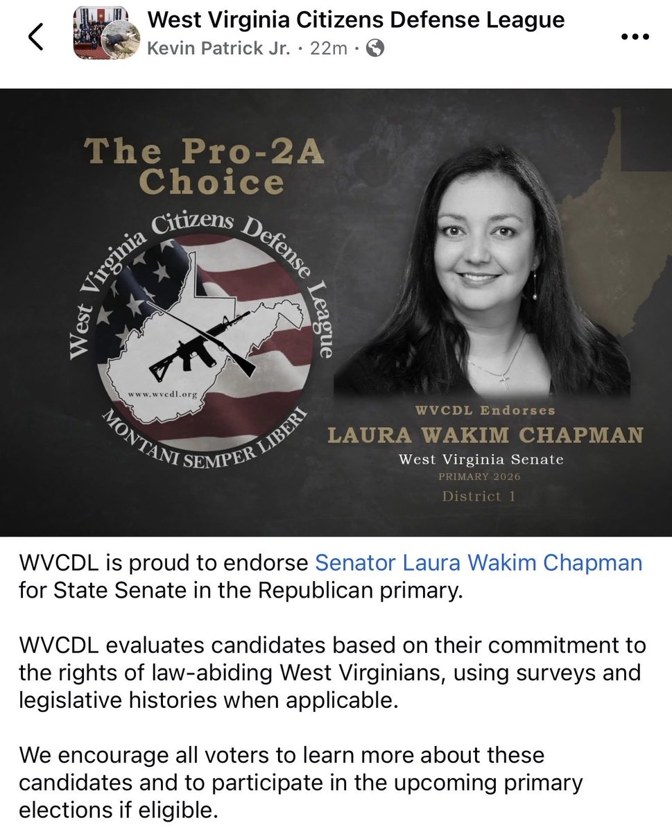 I am honored to receive the West Virginia Citizens Defense League endorsement! As a daughter of a veteran, I was taught the importance of the Second Amendment. Now I defend people’s First and Second Amendment rights in court and in Charleston! I will NEVER vote to restrict your