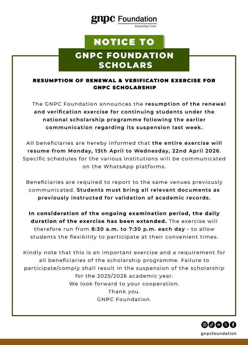GNPCFoundation's tweet photo. The GNPC Foundation will officially resume its nationwide renewal and verification exercise for scholarship beneficiaries on Monday April 13, 2026 through to Wednesday April 22, 2026. This exercise reaffirms the Foundation’s commitment…

Details 👇👇

https://t.co/FQvsPzUFWm https://t.co/AhXVgQ351H
