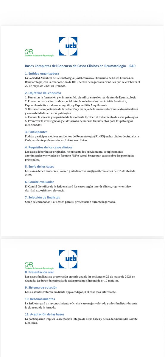 SAR_Andalucia's tweet photo. 🏆 ¿Eres residente de Reumatología en Andalucía?

Llega el Concurso de Casos Clínicos (SAR + UCB)

📅 29 mayo 2026 · Granada
📌 1 caso original y anonimizado
⏳ Deadline: 15 abril

🏅 Finalistas con presentación oral + premio

¡Últimos días para participar! https://t.co/KwvEyJ7feD