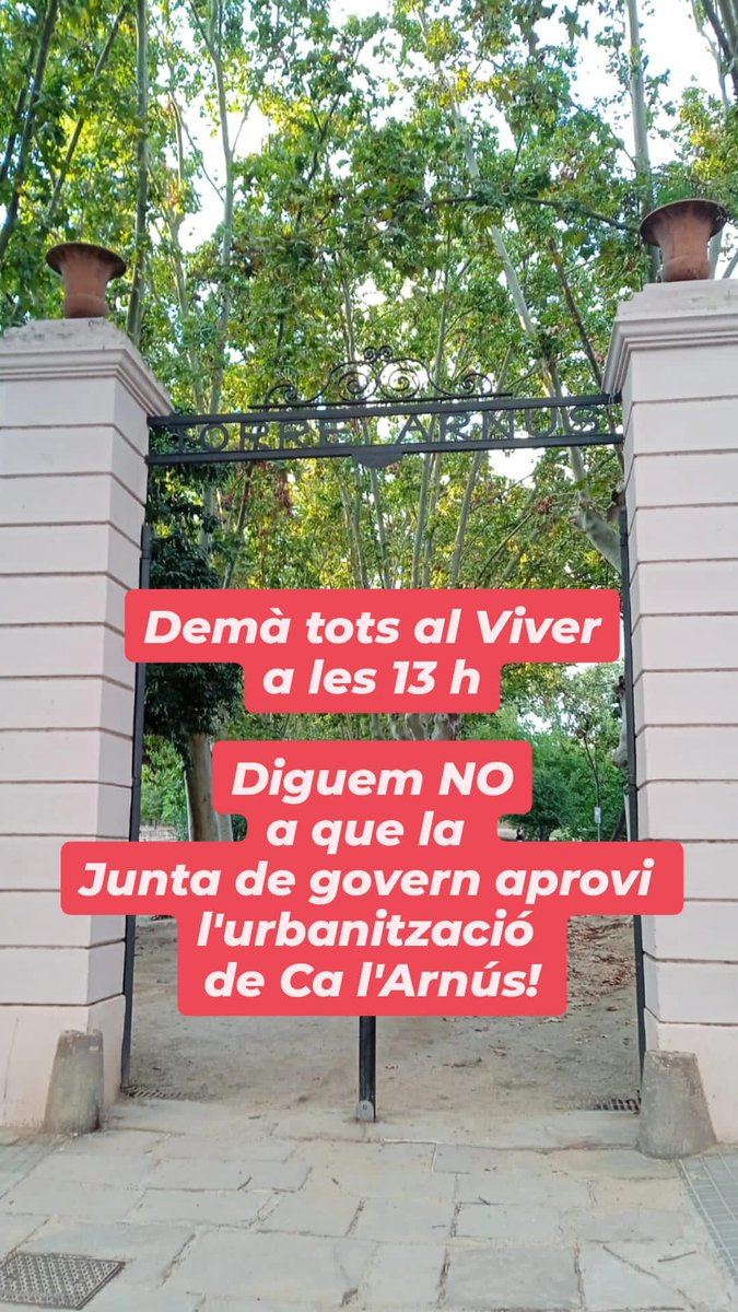 ❌ No volem pisos a Ca l'Arnús 
✅ Volem la permuta o expropiació de l'àrea afectada per l'edificació de pisos al Parc
⛔ Prou espoli del nostre patrimoni històric (BCIN)🏛️i ecològic 🌳

VOLEM EL PARC SENCER‼️

🫵Vine i passa-ho! Et necessitem. T'hi esperem!!!
(2/2)