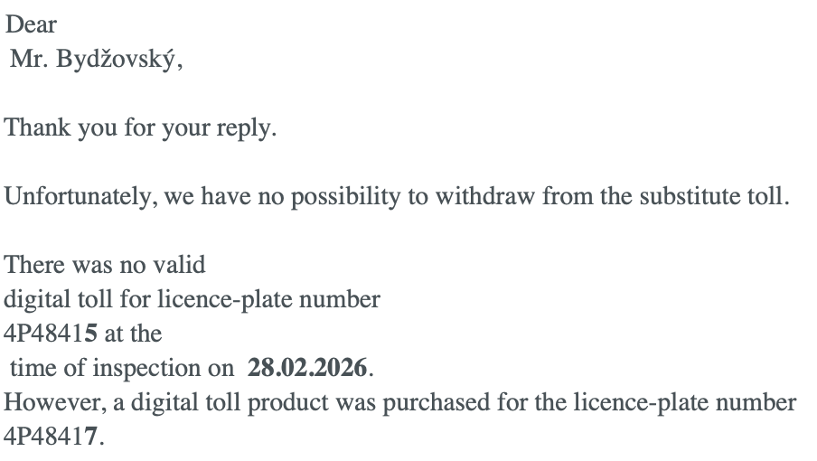bydga's tweet photo. Bought a 1-day vignette before entering Austria. @ASFINAG confirms it was purchased - just with a 1-digit plate typo. No harm, toll paid, yet €200 penalty. Shouldn’t this be a service for people, not punishment for honest mistakes? #Austria #ASFINAG #Toll #ThanksButNoThanks https://t.co/U6BrikWTmL