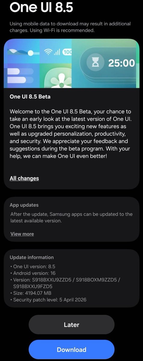 smartechdaily's tweet image. 🚨 وصول النسخة التجريبية One UI 8.5 Beta 1 إلى سلسلة #GalaxyS23

🧪 أرقام الإصدارات (Build):
S918BXXU9ZZD5 / S918BOXM9ZZD5 / S918BXXU9FZD5