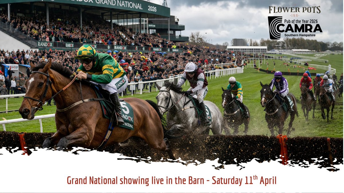 FlowerPotsBrew's tweet photo. GRAND NATIONAL - join us at The Pots on Saturday as we show the Grand National. Racing starts from 2.30pm in the Barn. https://t.co/KqC774nZP0