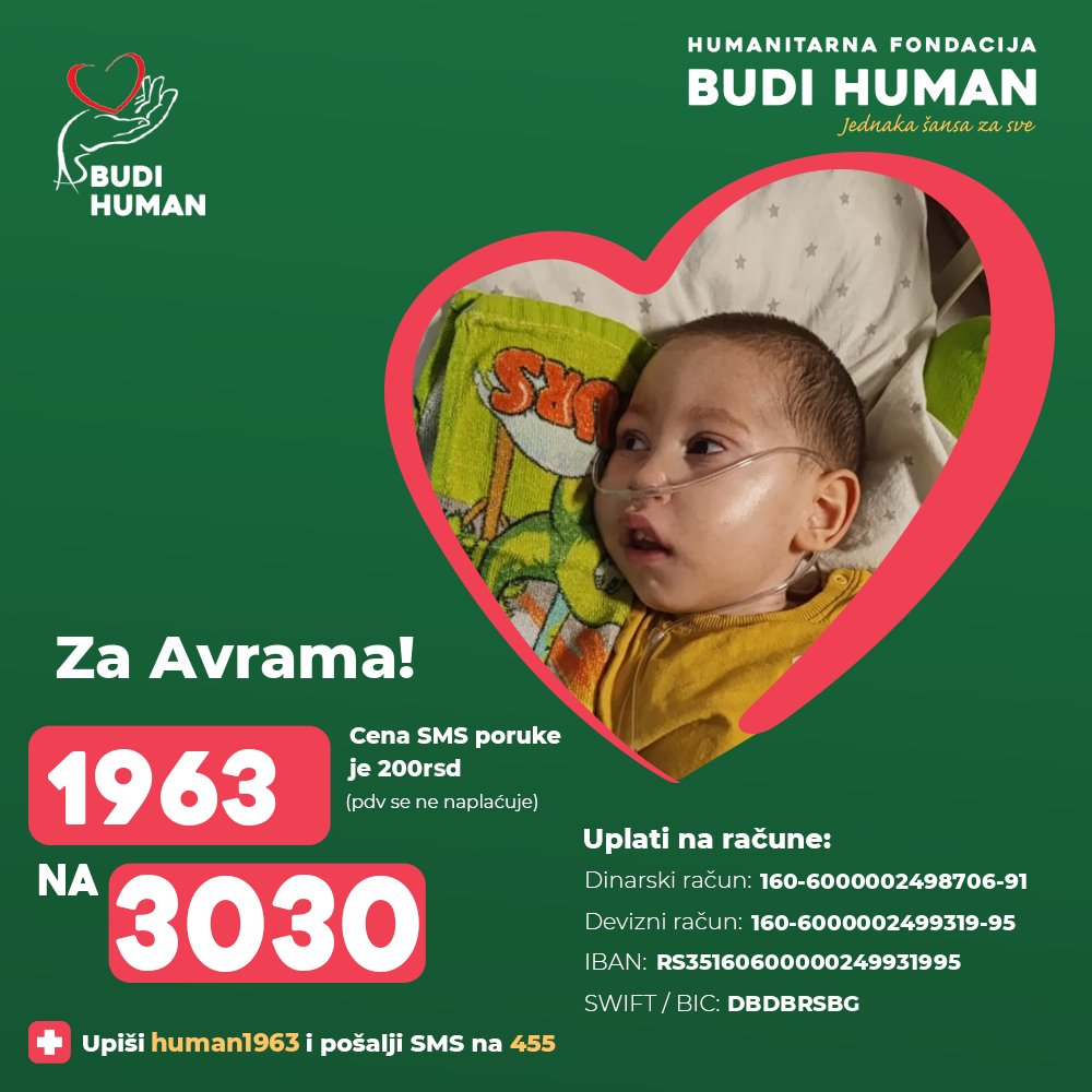 Pomozimo Avramu!

Upišimo 1963 i pošaljimo SMS na 3030

budihuman.rs/korisnik/1963/…

#budihuman #jednakašansazasve #zaprati #avramsimić