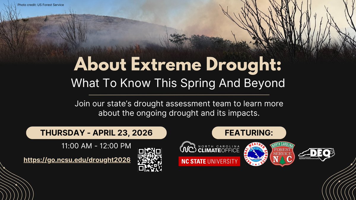 NCSCO's tweet photo. For more about this ongoing drought and its impacts, join us for a webinar with state drought experts on Thursday, April 23rd at 11 am.

Registration is required but free at the link below. A recording and blog summary will be posted afterwards.

➡️ https://t.co/1kwLQIxXN8 https://t.co/8UP1uv2zi2