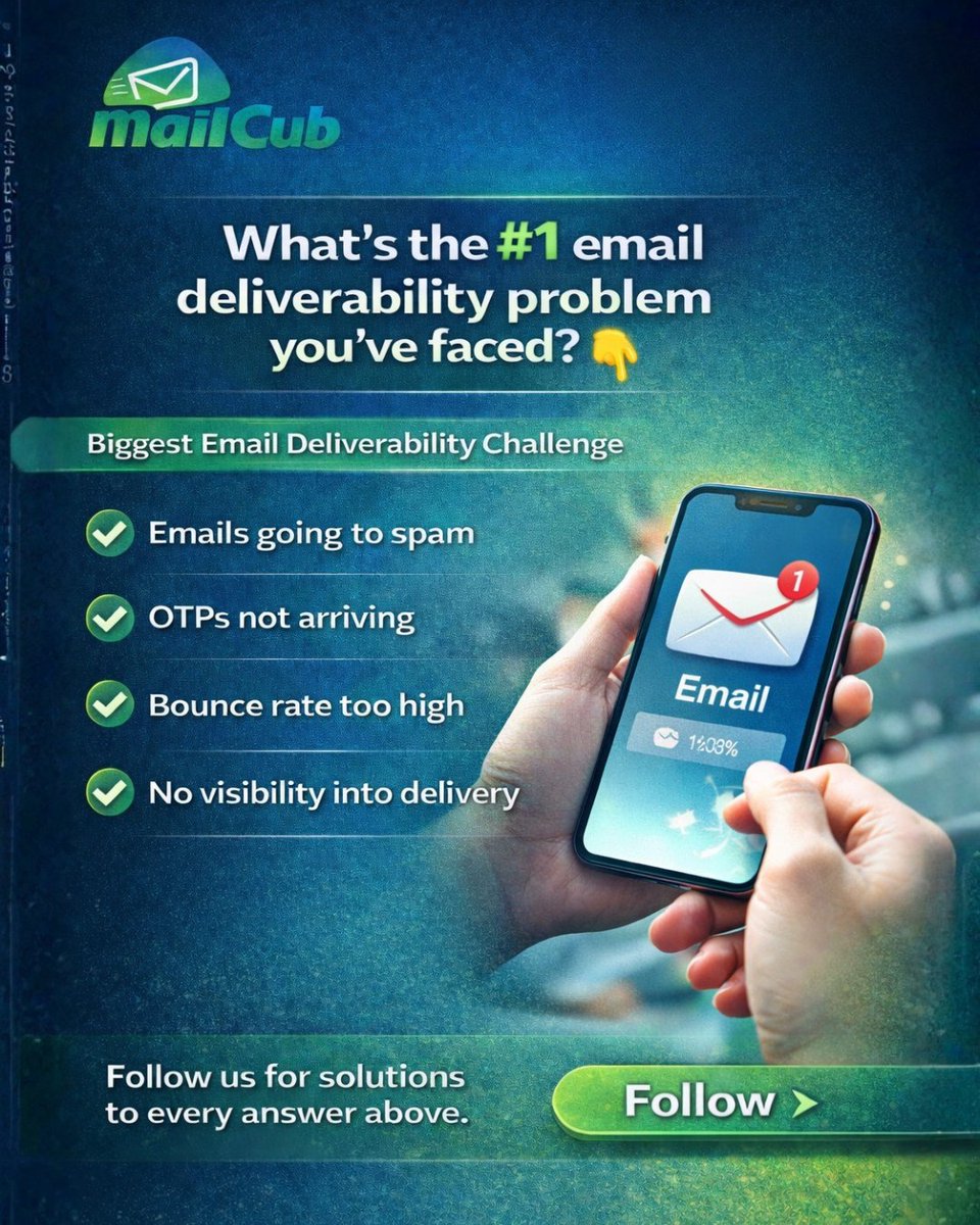 MailCub_'s tweet photo. You spent hours on that copy just for it to end up in the Spam folder. Pain. 
What’s the biggest email deliverability hurdle you’re facing right now?

1️⃣ Emails hitting Spam
2️⃣ OTPs getting lost 
3️⃣ High bounce rates 
4️⃣ Zero delivery data https://t.co/QsWLPcnAFn