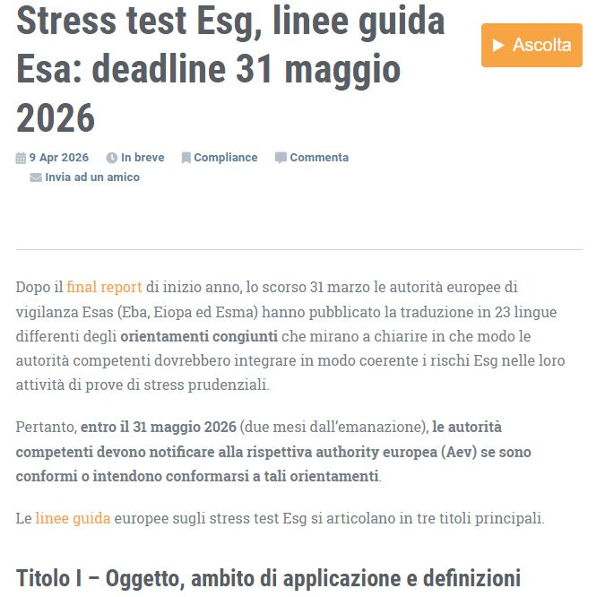 ETicaNews's tweet image. 📌Stress test Esg, linee guida Esa: deadline 31 maggio 2026
Leggi l'articolo qui: eticanews.it/stress-test-es…

#ESG #StressTest #ESAs #Vigilanza #FinanzaSostenibile