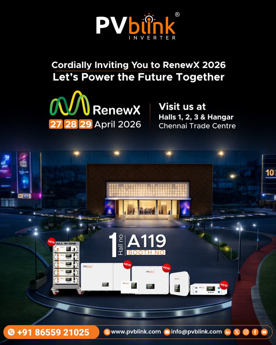 PVblinkInverter's tweet image. #PVblink is proud to be a part of #RenewX2026 ⚡

Discover our latest innovations in #solarinverters and energy storage solutions, designed to deliver performance, reliability and smart energy management.

Join us👉
📍Hall 1, Booth A119
📅27–29 April
📌Chennai Trade Centre