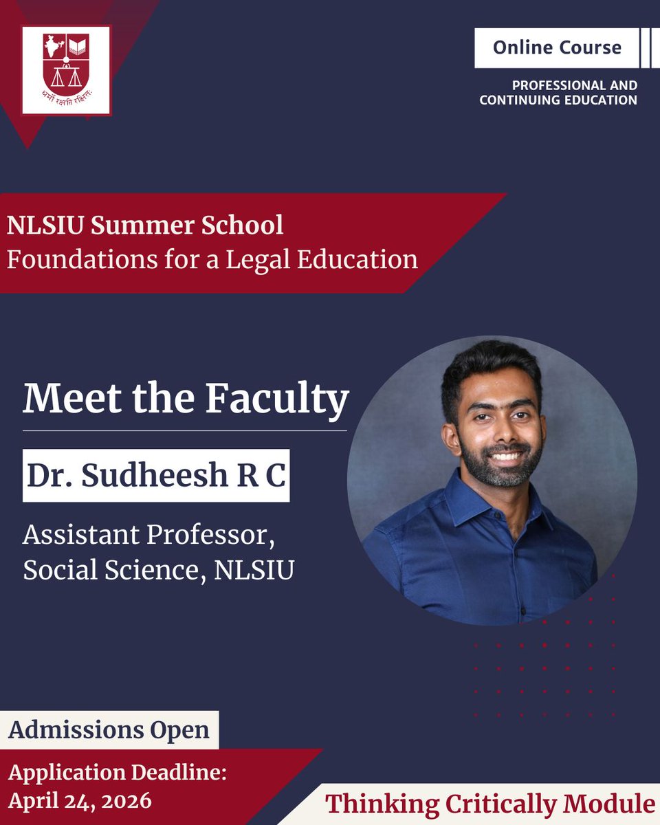 NLSIUofficial's tweet image. #AdmissionsOpen #FLE
Meet the Faculty | Thinking Critically Module
Our faculty Sanyukta Chowdhury, and Sudheesh RC will help students recognise characteristics of strong and weak arguments, appreciate different reasons for similar arguments, and discover their own views and