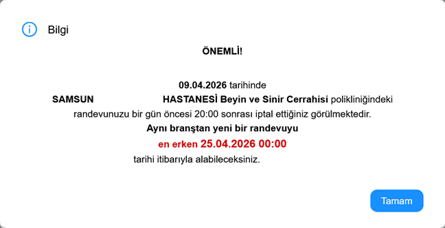 aniceman's tweet photo. @MHRS_182 Bugün 7 saat önce randevumu iptal etmek durumunda  kaldım, böyle bir bilgilendirme, uyarı çıkmadığı gibi 2 hafta bir daha randevu alamayacaksın diye ceza uygulandı! 
Her halükarda ceza olacaksa başkası yararlansın diye girip de iptal etmez ki insanlar zaten! https://t.co/E99aireX1B