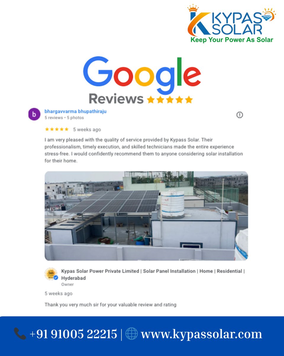 kypas_solar's tweet image. Rating: 4.9 
Kypas Solar Power Pvt Ltd
Thank you Bhargavvarma BhupathiRaj Sir  for your valuable feedback.
+91 91005 22215
contact@kypassolar.in
kypassolar.com
Telangana&amp;amp;AndhraPradesh
#SolarForHome #EcoFriendly #SustainableEnergy #SolarPanelInstallation #SolarEnergyIndia