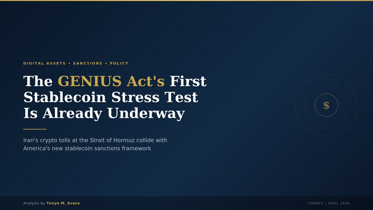 Treasury published its GENIUS Act stablecoin sanctions rules on April 8. Same day, Iran demanded bitcoin from oil tankers at the Strait of Hormuz. It had already short-listed stablecoins USDT (Tether) and USDC (issued by Circle). The only other option? Chinese yuan. The law