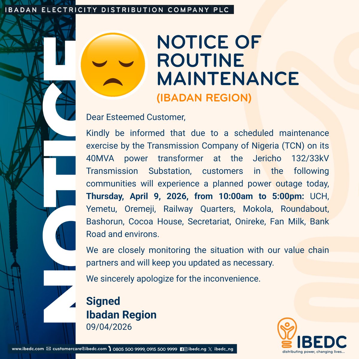 IBEDC_NG's tweet image. Notice of Routine Maintenance
#ibedc #maintenance #ibadan