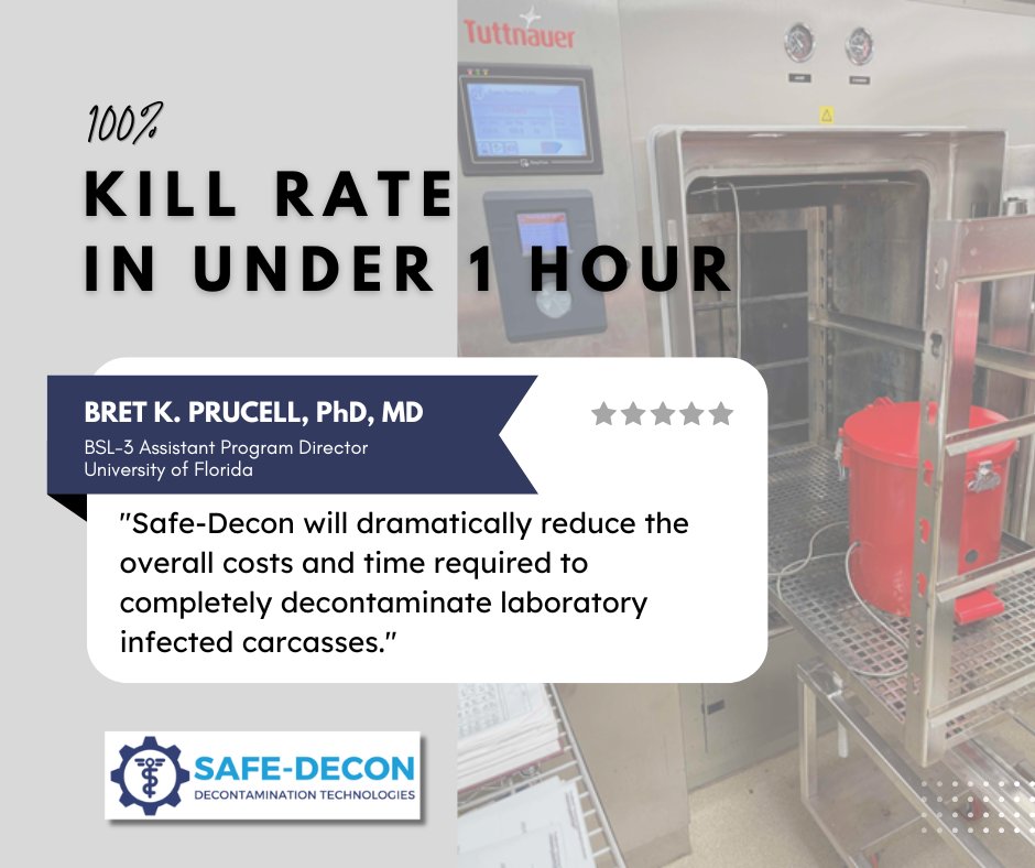 SafeDecon's tweet photo. 100% kill rate. Under 1 hour.

Safe-Decon is redefining how biohazardous waste, especially high-risk materials, is contained and treated, helping labs reduce turnaround time without compromising safety.

Learn more at https://t.co/8MzE0foShi

#Biosafety #InfectionControl https://t.co/bCceH3qvP7
