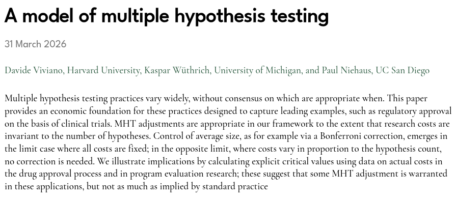 Why/how should multiple hypothesis testing be done differently in empirical work? We give an economic foundation trading off research costs and incentives with implications for empirical practice.

New paper by <a href="/VivianoDavide/">Davide Viviano</a>, Wüthrich, and Niehaus:

restud.com/a-model-of-mul…