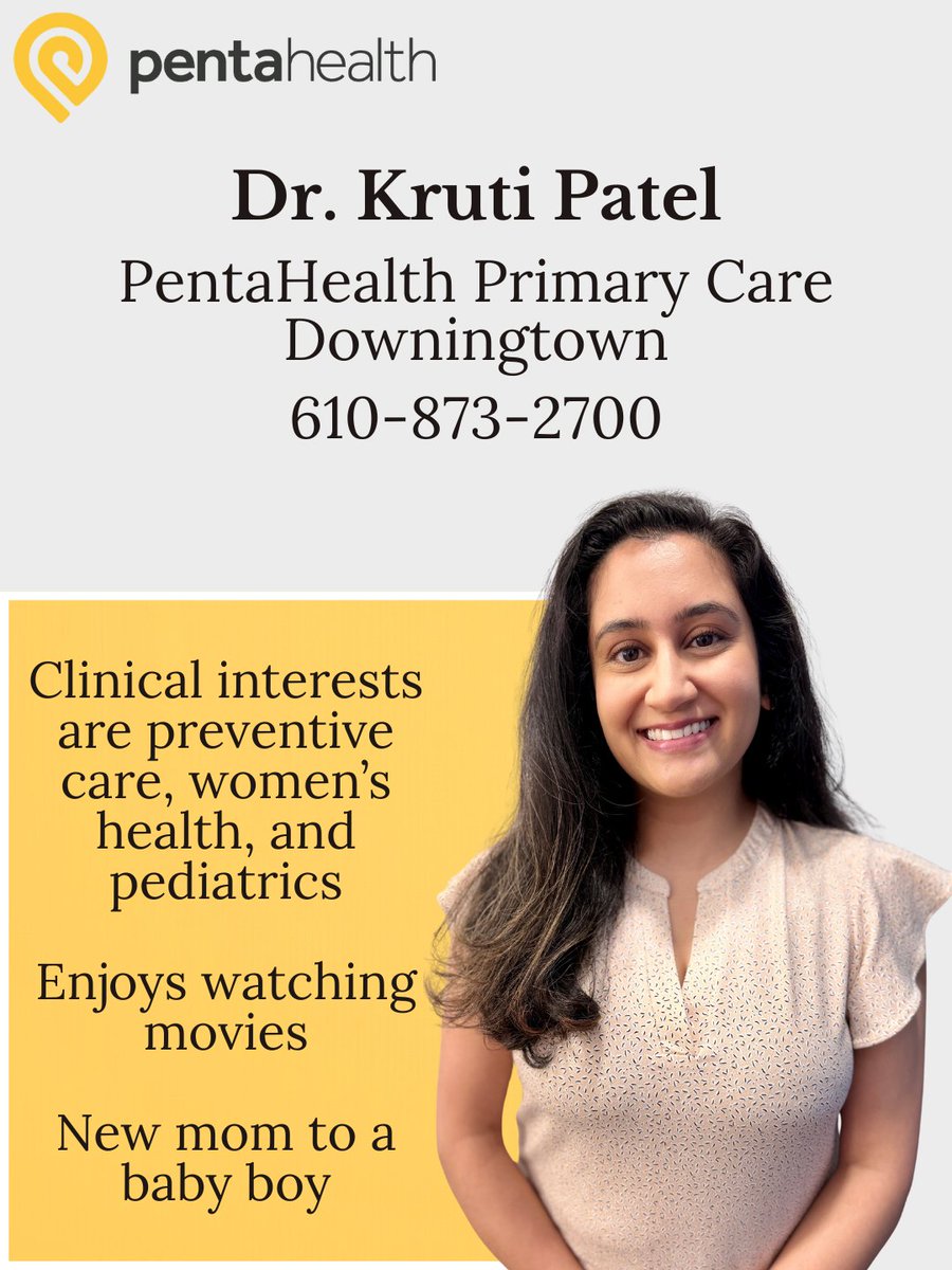 phdocs's tweet image. Learn more about PentaHealth's newest providers, Dr. Kaliner, Dr. Eck, Dr. DiAngelus, Dr. Patel, Dr. Pagano, CRNP Diana Wadlund, and CRNP Leilani Attilio. They are all accepting new patients. Check out their photos for more info! (2/2)

#pentahealth #newproviders #chestercounty
