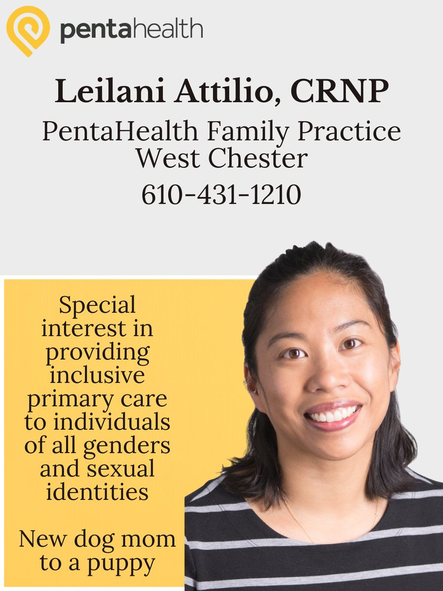 phdocs's tweet image. Learn more about PentaHealth's newest providers, Dr. Kaliner, Dr. Eck, Dr. DiAngelus, Dr. Patel, Dr. Pagano, CRNP Diana Wadlund, and CRNP Leilani Attilio. They are all accepting new patients. Check out their photos for more info! (2/2)

#pentahealth #newproviders #chestercounty