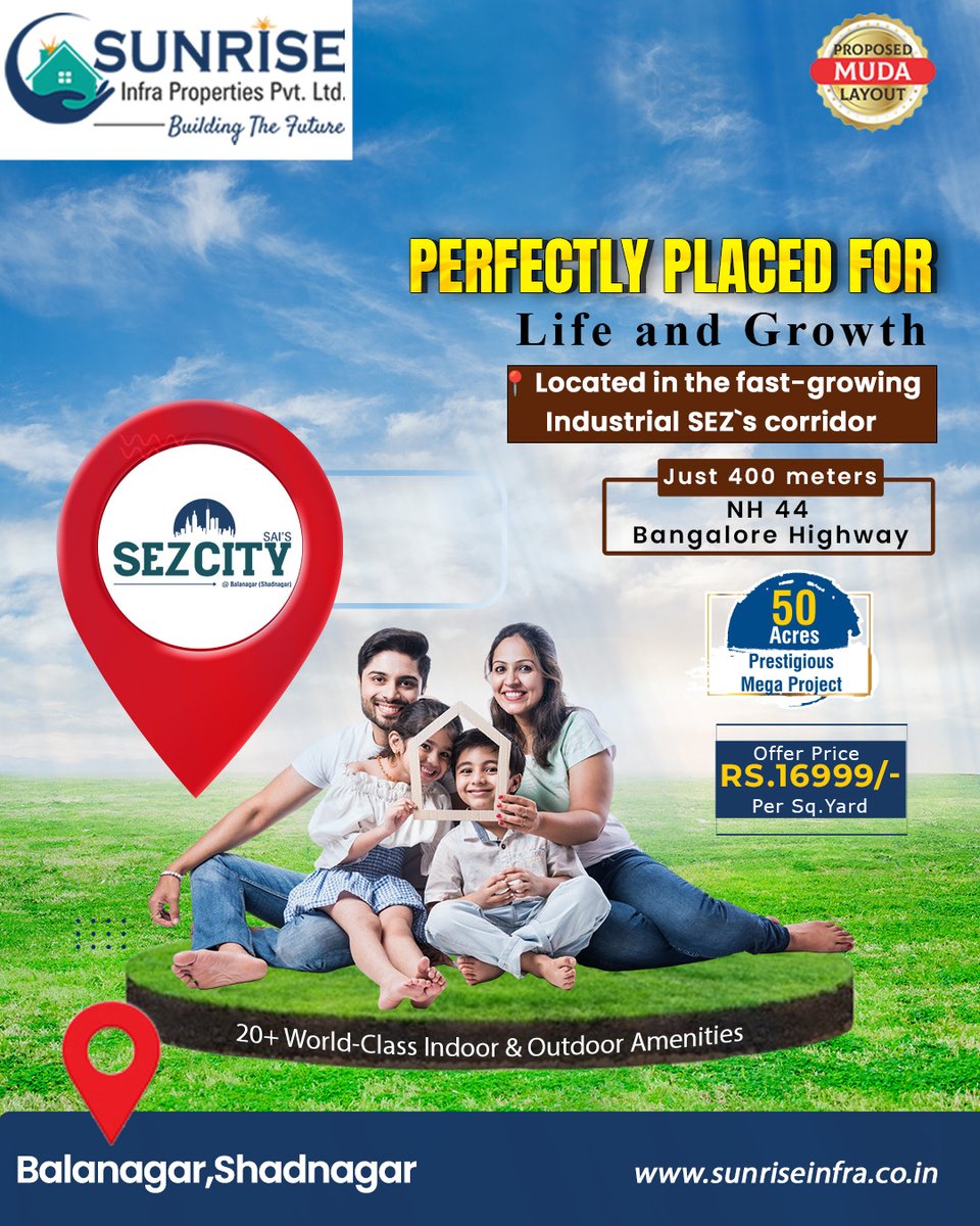 ProjectsInfra's tweet image. Perfectly Placed for Life &amp;amp; Growth!

Invest in SEZ CITY – Balanagar, Shadnagar, located in the fast-growing Industrial SEZ corridor.

📍 Just 400 Meters from NH-44 Bangalore Highway
🌐 sunriseinfra.co.in
#SEZCity #ShadnagarPlots