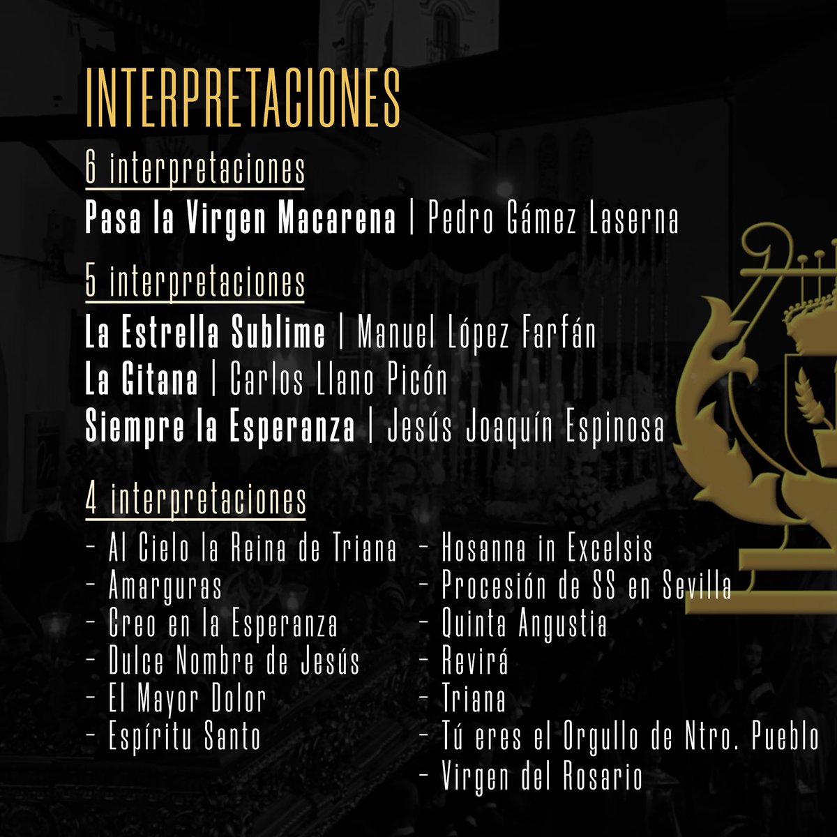 BMMPacoTenorio's tweet photo. 📊 ESTADÍSTICAS SEMANA SANTA 2026 📊

👉 Conoce todos los repertorios y los datos más relevantes de lo que ha sido nuestra semana grande. 

🏆 ‘Pasa la Virgen Macarena’ y D. Manuel López Farfán encabezan los rankings. 

#SuenaPacoTenorio26 https://t.co/bqGPrXM05i